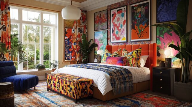 A maximalist bedroom filled with bright, bold illustrations, contrasting patterns, and an eclectic mix of textures and shapes, arranged in an erratic layout that maximizes visual interest