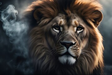 Fototapeta premium lion dark smoke background fog fire mist black animal wildlife felino wild cat carnivore big mammal mane male nature predator leo king dangerous africa strength large fur safari head majestic leader