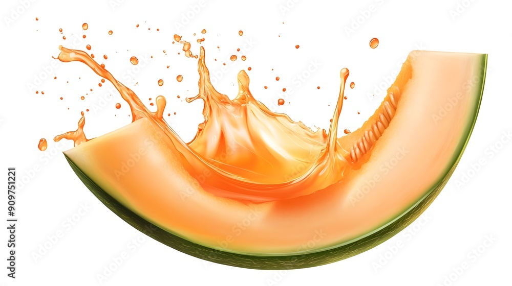 Poster vibrant and cantaloupe juice splash against a clean white background capturing the dynamic motion an