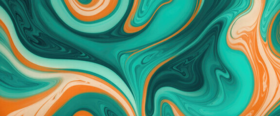 Luxurious marbling Green, paint swirls in beautiful teal and orange colors abstract background with waves
