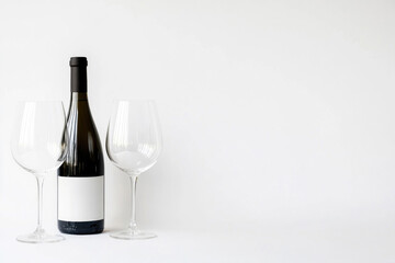 Wine glasses and an open bottle on a white background.