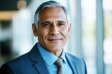 Naklejka premium Headshot portrait of a confident, mature Indian or Latin middle-aged male leader and CEO. Good-looking businessman in a suit in an office setting. Handsome Hispanic senior business man smiling at the 