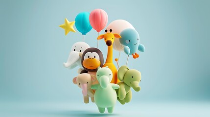 Naklejka premium Cute Stuffed Animals Holding Balloons