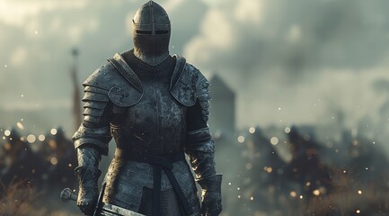 Fototapeta premium A medieval knight stands ready in a misty battlefield, evoking tales of valor and chivalry.