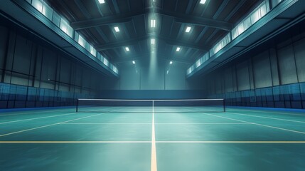 Empty Badminton Arena: Serene and Anticipatory Atmosphere. Badminton Court under spotlights with blurry background.