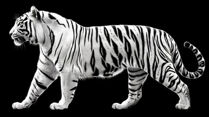 Naklejka premium A majestic white tiger strides confidently across a stark black background, its stripes a bold contrast.