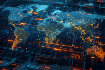 Digital World Map with Orange and Blue Highlights