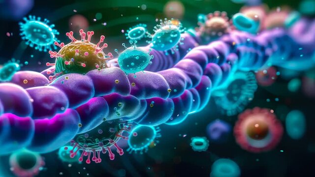 Visualization of Healthy Intestinal Barrier Preventing Leaky Gut with Strong Protective Mechanisms and Microbial Interaction, 3D Animation, Clear Night