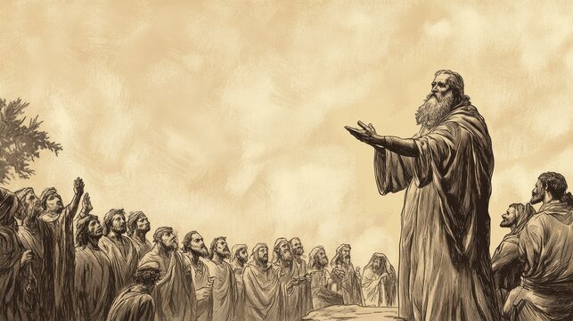 Moses Addressing Rebellion: Deuteronomy's A Nation's Rebellion. Biblical illustration with beige background, showing Moses recounting Israelite disobedience.