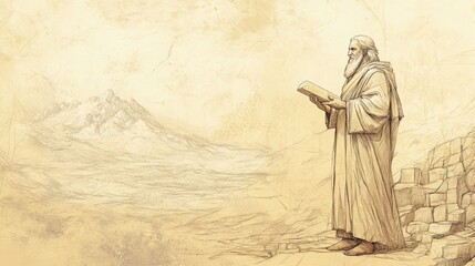 Fototapeta premium Moses Holding New Stone Tablets: Deuteronomy's The New Stone Tablets. Biblical illustration on a beige background, with a backdrop of the Promised Land.