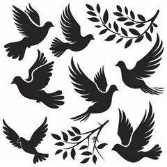 Obraz premium Peace dove graffiti, pigeons, twigs ink illustration. Flying birds silhouettes monochrome flat icons