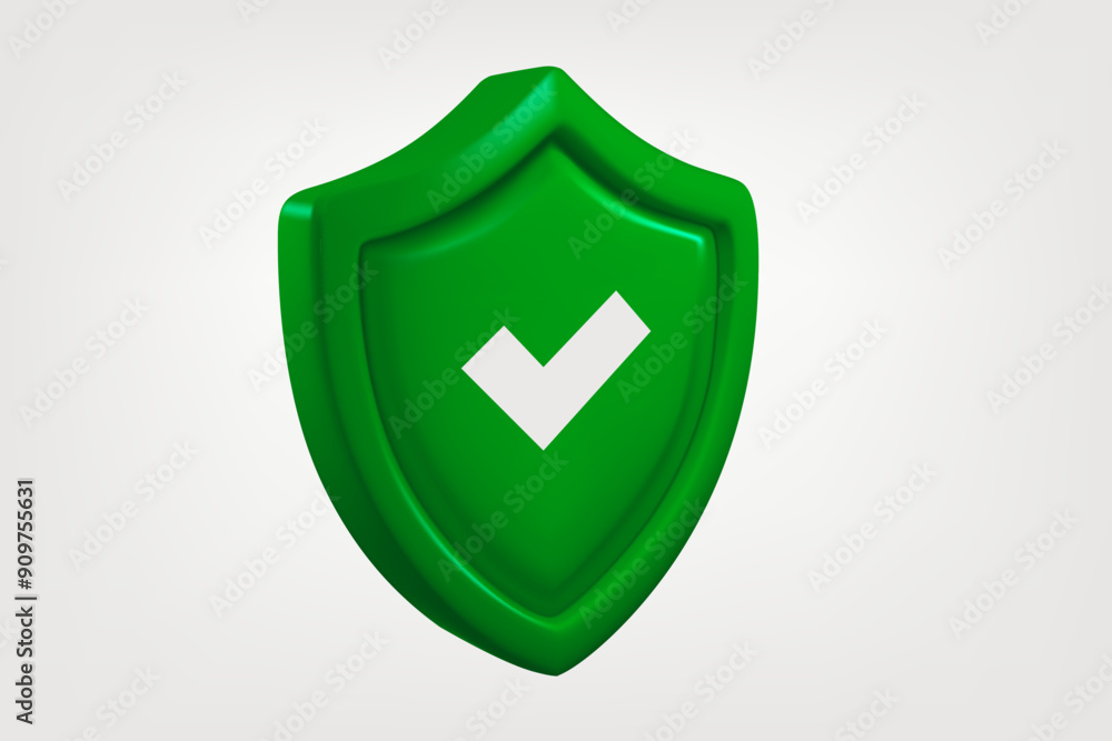 Poster green shield with white checkmark isolated on white background. approved concept. 3d vector banner