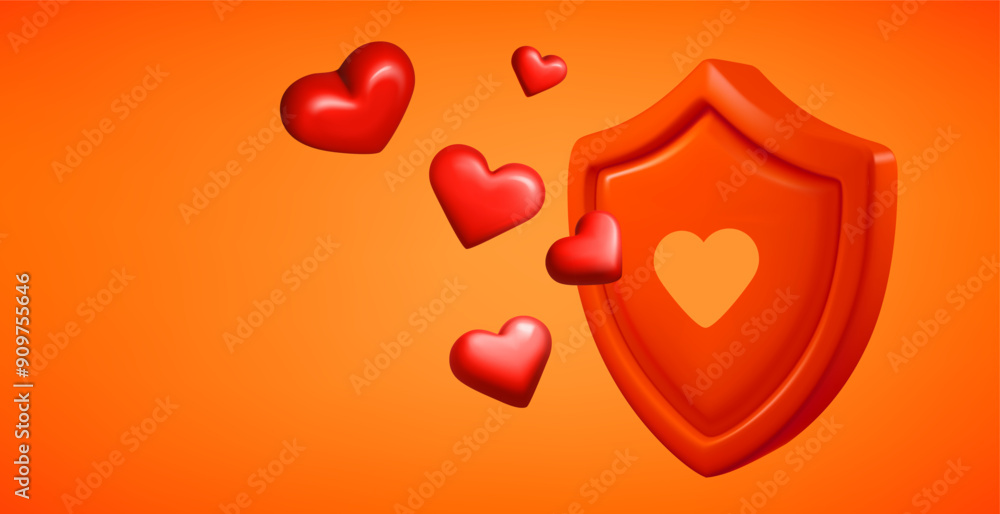 Poster red shield protecting against red hearts. 3d vector banner with copy space