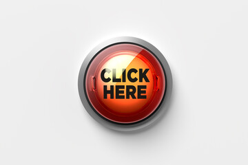 The word click here on a push button isolated on white background.