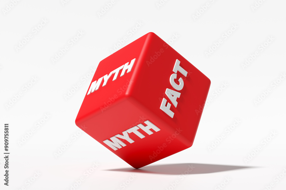 Poster red dice rolling with the words myth versus fact.