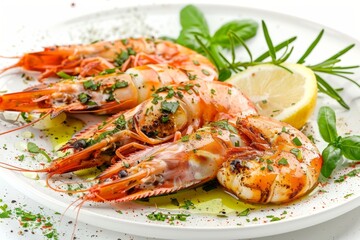 Skewered Tiger Prawns, Grilled King Shrimps, Prawns Fried with Garlic, Herbs, Spices, Lime and Greens