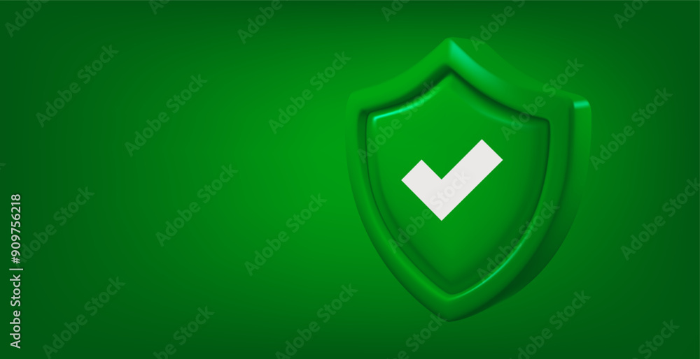 Poster green shield with white checkmark isolated on green background. approved concept. 3d vector banner w