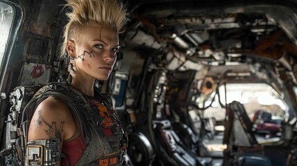 Futuristic Character in Abandoned Spacecraft Interior During Dystopian Setting