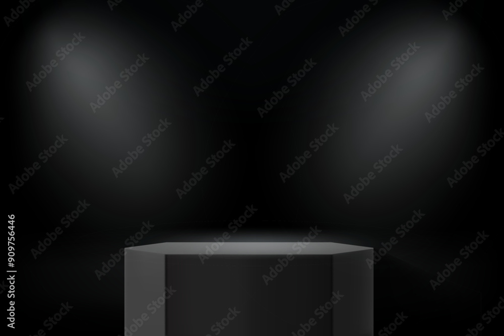 Poster dark studio with black podium and projectors. 3d vector