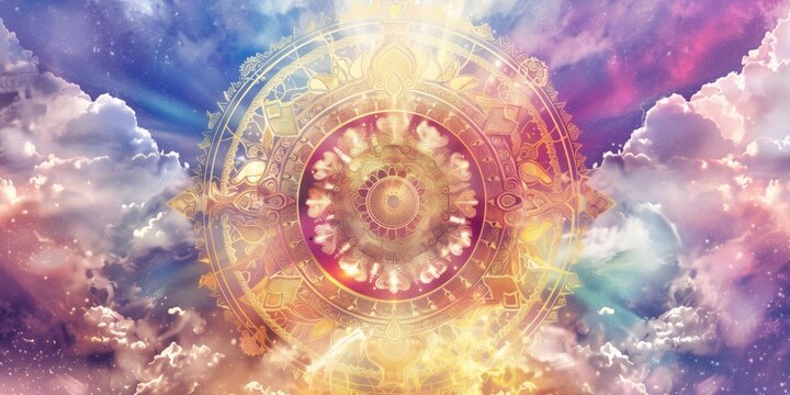 Abstract celestial mandala surrounded by ethereal clouds in a colorful sky. Concepts of Wheel of Samsara, spirituality, cosmic balance, and serenity.
