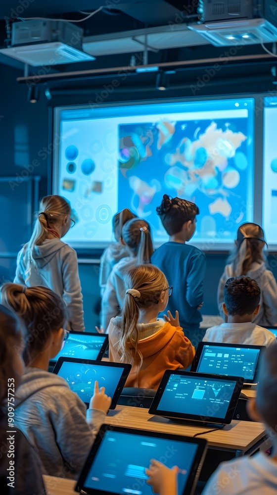 Poster high tech classroom with students using tablets and interactive whiteboards
