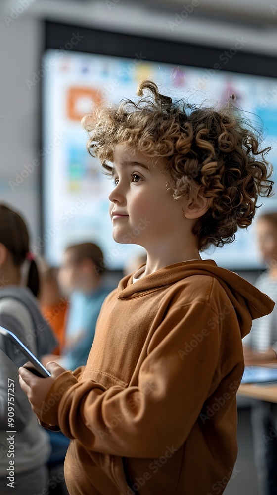 Poster high tech classroom with students using digital devices and interactive whiteboards technology conce