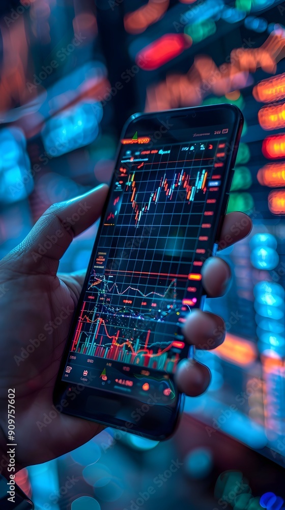 Poster innovative fintech app displaying real time financial analytics and cryptocurrency trading on smartp