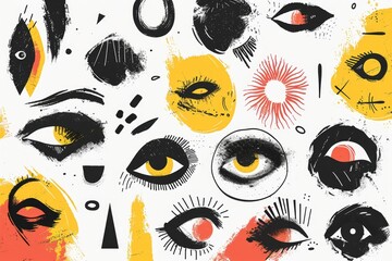 Doodle sketched abstract elements, brush strokes, contemporary art, eyes, faces smear isolated