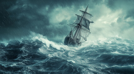 Obraz premium A wrecked sailboat survived the middle of the hurricane, battling high waves in rough seas: