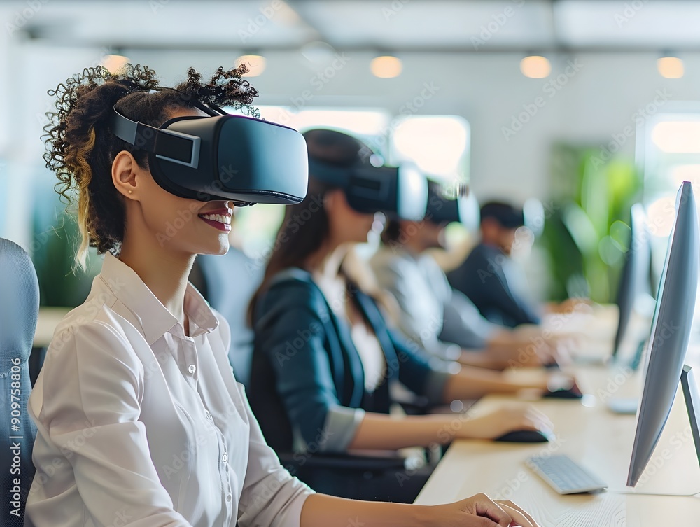 Poster business team using virtual reality for innovative training session highlighting cutting edge techno