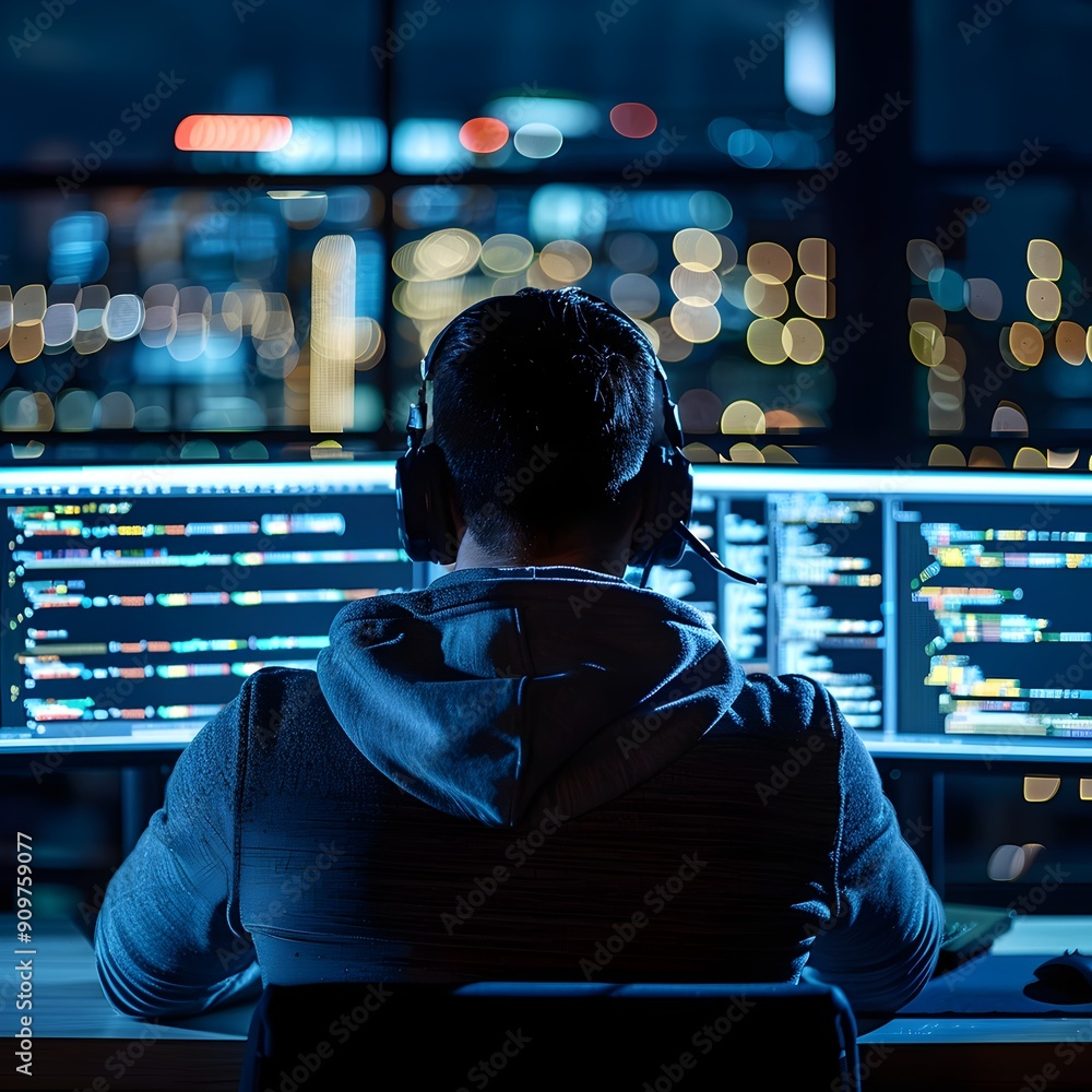 Aufkleber cybersecurity specialist analyzing complex code on multiple screens in darkened room