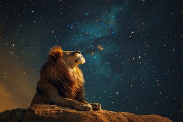 Naklejka premium Leo Zodiac Sign, Lion Horoscope Symbol, Magic Astrology Lion, Lion in Fantastic Night Sky