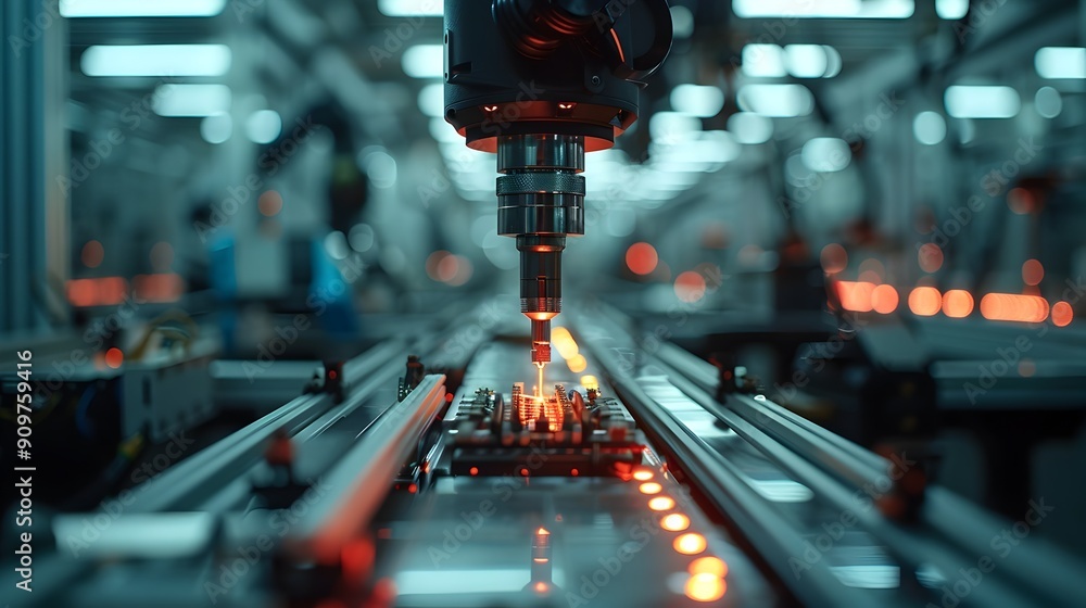 Poster advanced robotics arm assembling electronic components in factory setting