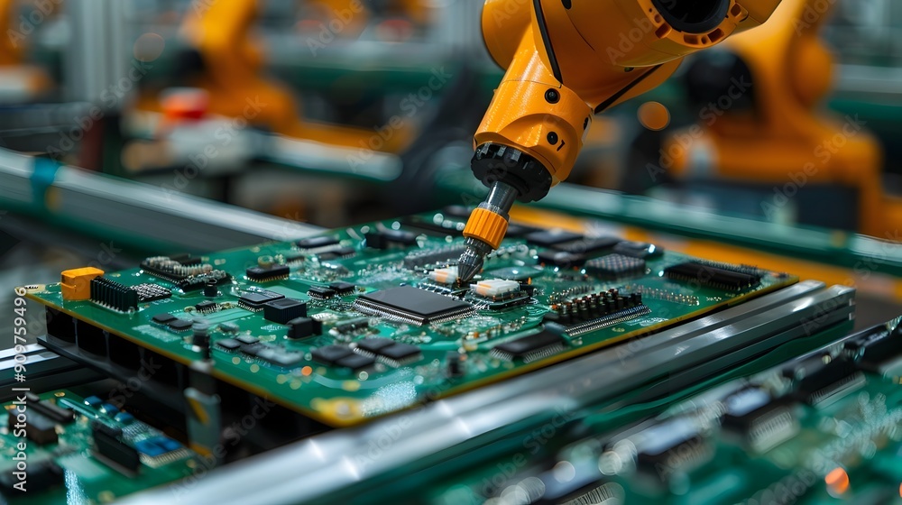 Poster advanced robotic arm assembling electronic components in a high tech factory setting