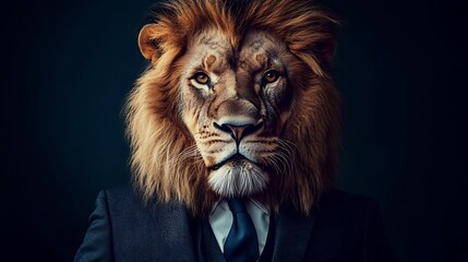 Naklejka premium A sophisticated lion dressed in a sharp suit, confidently posing for a magazine cover --ar 16:9