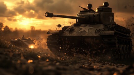 A dramatic tank on a battlefield at sunset, capturing the essence of military power and history in a cinematic atmosphere.