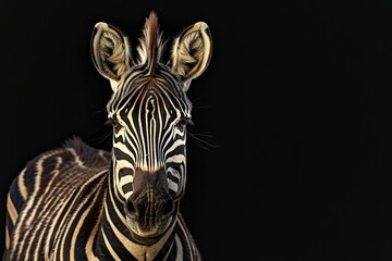 Fototapeta premium Portrait of a striking zebra on a black background