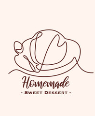 Continuous One line Drawing of pastry products, desserts. Food menu design template, logo. Hand drawn sketch vector illustration.