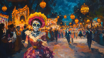 Illustration of Dia de los Muertos festival at night with skeletons in festive clothing. Brightly lit street adorned with marigold arches. Day of the Dead celebration. Design for poster, banner, invit