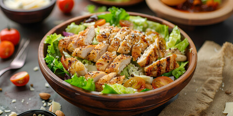 Fresh caesar salad in white plate on dark wooden table. Top view.