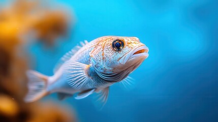 Fototapeta premium A vibrant underwater scene featuring a colorful fish swimming gracefully in clear blue water, surrounded by coral.