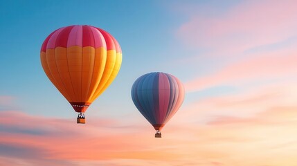 Fototapeta premium Colorful hot air balloons floating against a vibrant sunset sky, creating a serene and picturesque landscape.