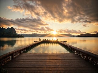 Obraz premium bridge on panorama of beautiful sunset over lake