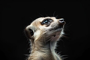 Portrait of an alert meerkat on a black background