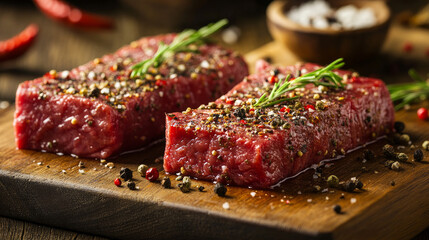 Obraz premium Fresh, raw beef steaks seasoned with herbs and spices, ready to be cooked on a wooden board.