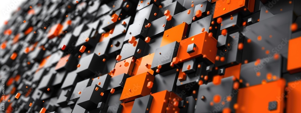 Poster abstract 3d geometric background with black and orange cubes and small particles. concepts of modern