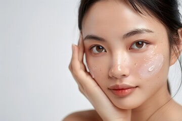 Obraz premium Close Up Portrait Of Young Woman With Freckles Applying Facial Cream
