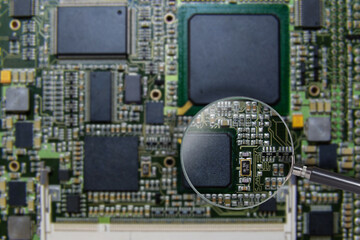 Fototapeta premium Close-up of a computer motherboard and microchips