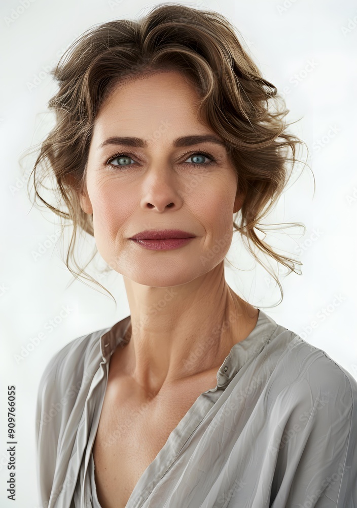 Wall mural portrait of a beautiful woman with green eyes and curly hair