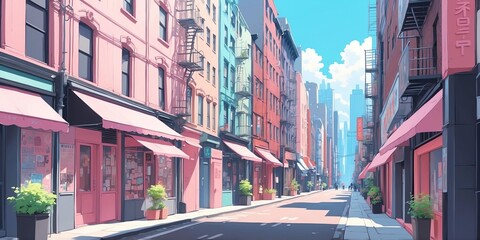 Soft pastel anime style casual street in new york city usa scene for background